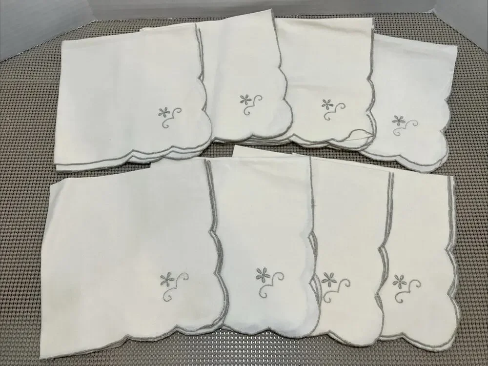 Cocktail Napkins Embroidered Scalloped Off-White Gray Silver Edge Set of 8